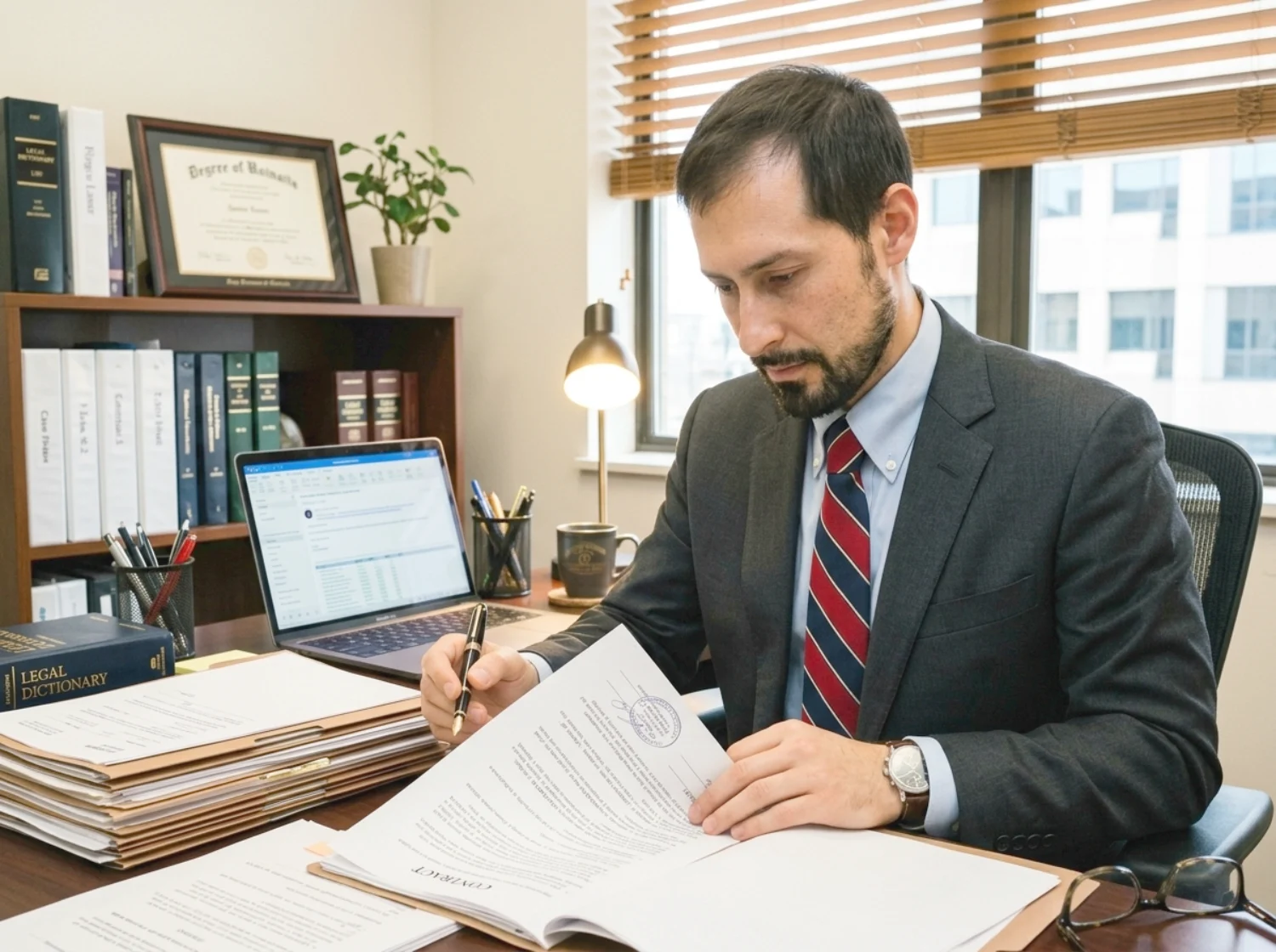lawyer reviewing documents professional office setting